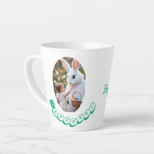 Caneca De Café Latte Little Girl Photo with Easter Bunny and Name (Ângulo esquerdo)