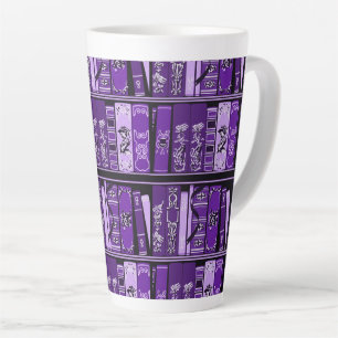 Caneca De Café Latte Livro Púrpura Prateleiras Livros de Vintage Lata