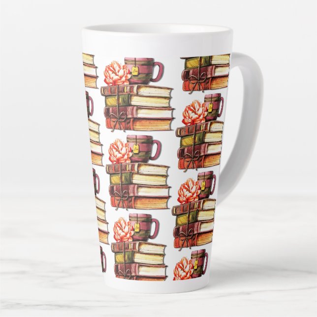 Caneca De Café Latte Livros Brancos E Chá (Ângulo direito)