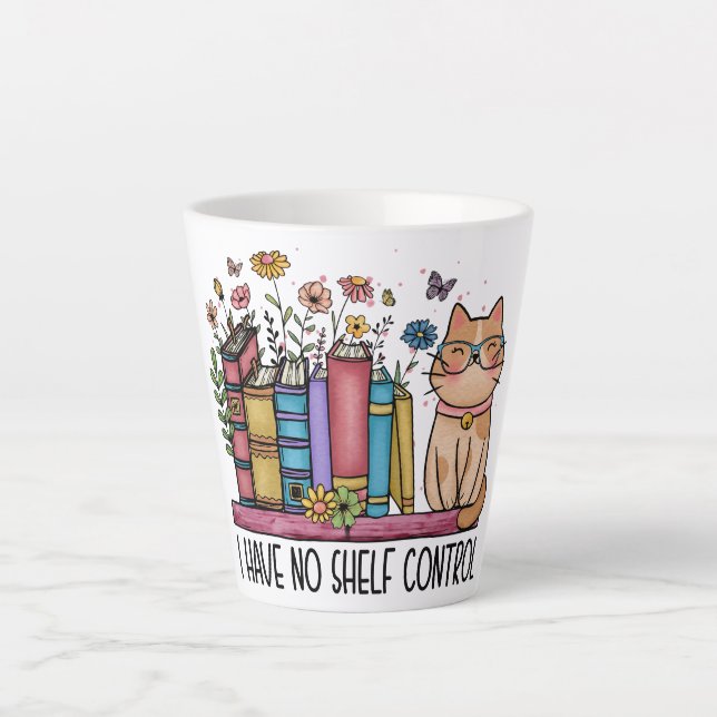 Caneca De Café Latte Livros Florais e Gatos (Frente)