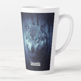 Caneca De Café Latte Lobo Selvagem Mágico com Olhos Azuis Incríveis
