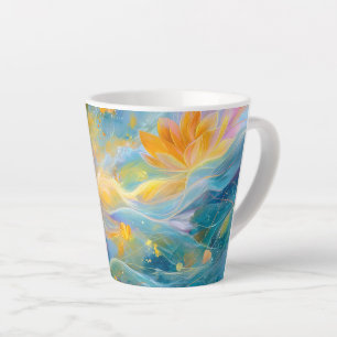 Caneca De Café Latte Lótus Dourado Abstrato Flores Flutuantes