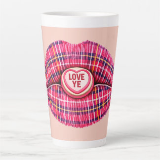 Caneca De Café Latte Love Ye Scottish Tartan Kiss Lips Scotland pink