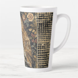 Caneca De Café Latte Lovely Owl in the Flowers Garden ,Gold Checkered ,