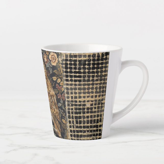 Caneca De Café Latte Lovely Owl in the Flowers Garden ,Gold Checkered , (Direita)