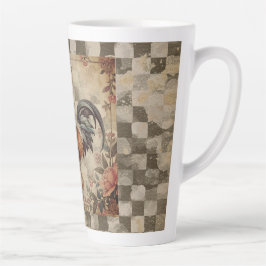 Caneca De Café Latte Lovely Vintage Rooster ,Flowers Pattern, Checke