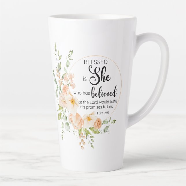 Caneca De Café Latte Luke 1:45 Abençoada é Ela Primavera Laranja Flor (Direita)