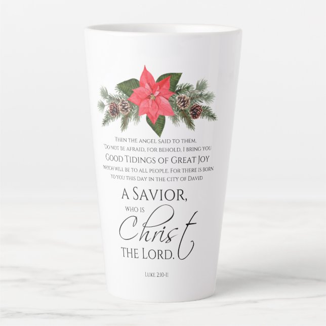 Caneca De Café Latte Luke 2:10-11 Escritura de Natal de Poinsettia (Frente)
