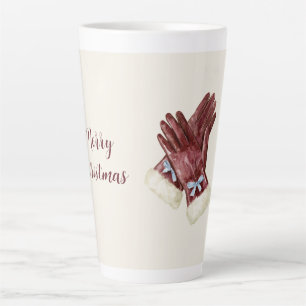 Caneca De Café Latte Luvas de Pelo Creme Borgonha com Laço Azul Natal