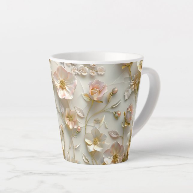 Caneca De Café Latte Luxury 3D Embossed Floral Gold Foil Elegant  (Ângulo direito)