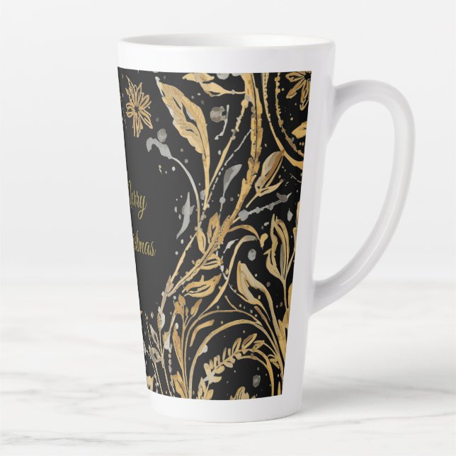 Caneca De Café Latte Luxury Black Gold Flowers Pattern, Merry Christmas (Direita)