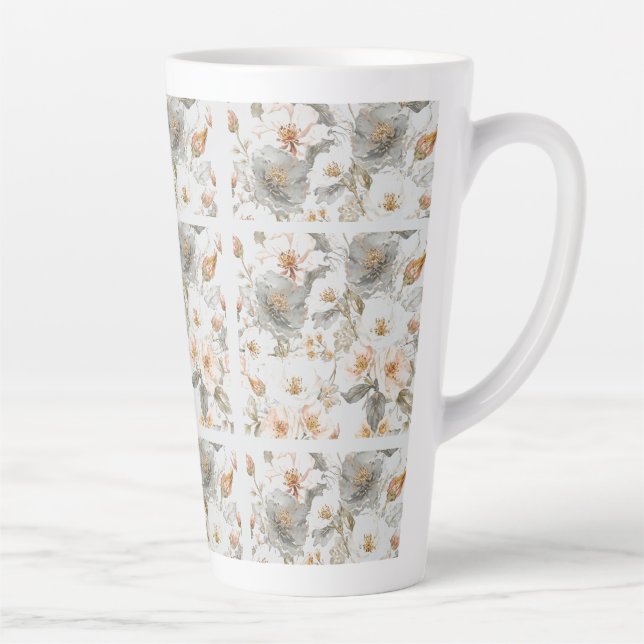 Caneca De Café Latte Luxury, Elegant, Gold Grey Flowers Pattern  (Direita)