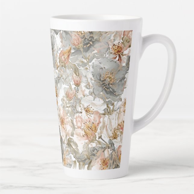Caneca De Café Latte Luxury, Elegant, Gold Grey Flowers Pattern  (Direita)