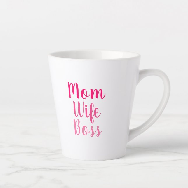 Caneca De Café Latte Mãe esposa chefe rosa branco script personalizado  (Direita)