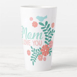 Caneca De Café Latte Mãe eu amo você texto em design floral de pássaros