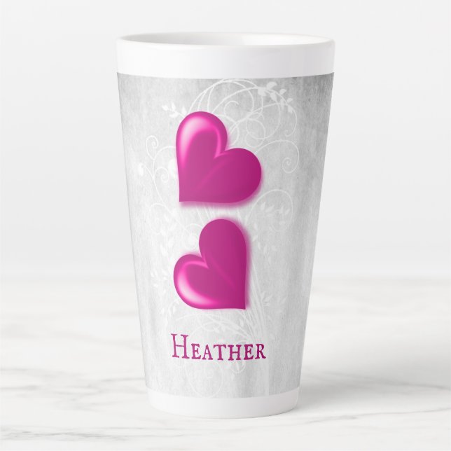 Caneca De Café Latte Magenta Corações Personalizados Latte Mug (Frente)