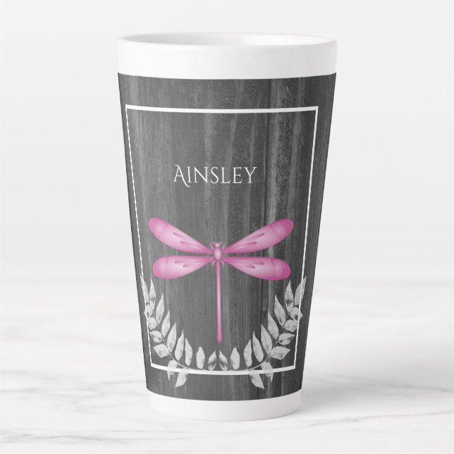 Caneca De Café Latte Magenta Dragonfly Rustic Personalizada Latte Mug (Frente)