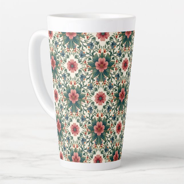 Caneca De Café Latte Magia Floral Boho - em Tons de Verde e Rosa (Ângulo esquerdo)