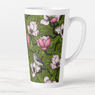 Caneca De Café Latte Magnólia florescente e pássaro 2