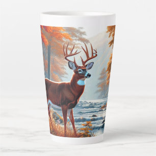 Caneca De Café Latte Majestoso cervo parado por um rio na Floresta do o