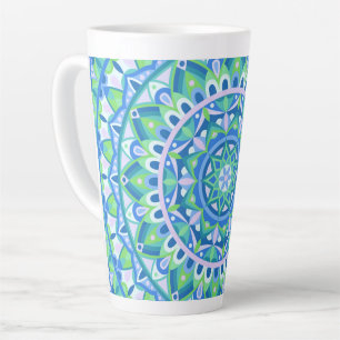 Caneca De Café Latte Mandala Azul Boho Padrão Geométrico Espiritual Aco