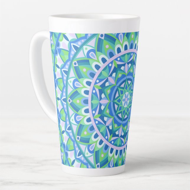 Caneca De Café Latte Mandala Azul Boho Padrão Geométrico Espiritual Aco (Ângulo esquerdo)