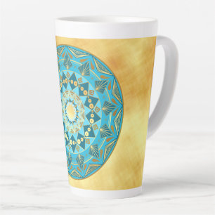 Caneca De Café Latte Mandala azul dourado em Fundo de Ouro Suave