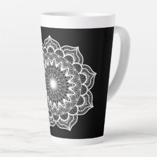 Caneca De Café Latte Mandala Branco em Fundo Preto