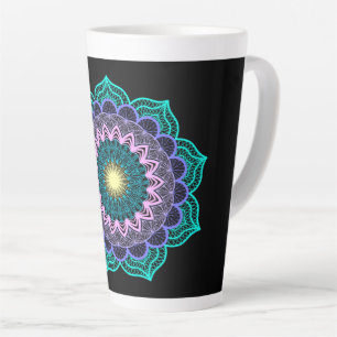 Caneca De Café Latte Mandala Colorida em Fundo Preto