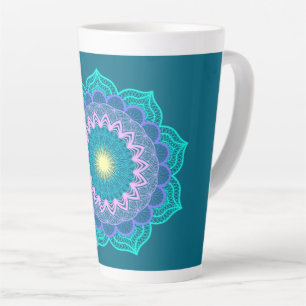 Caneca De Café Latte Mandala Colorido em Fundo Azul