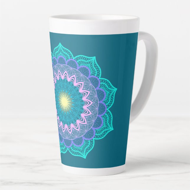 Caneca De Café Latte Mandala Colorido em Fundo Azul (Ângulo direito)