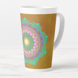 Caneca De Café Latte Mandala Colorido em Fundo Dourado