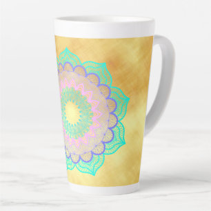 Caneca De Café Latte Mandala Colorido em Fundo Dourado Suave