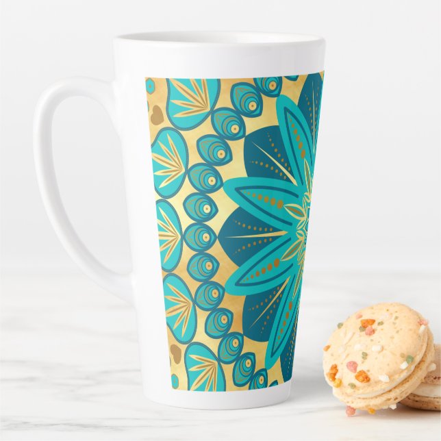 Caneca De Café Latte Mandala Flor de Ouro Azul (In Situ)