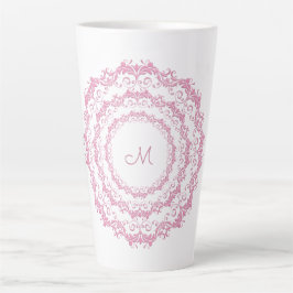 Caneca De Café Latte Mandala Floral Rosa Étnica, Monograma.