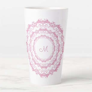 Caneca De Café Latte Mandala Floral Rosa Étnica, Monograma.