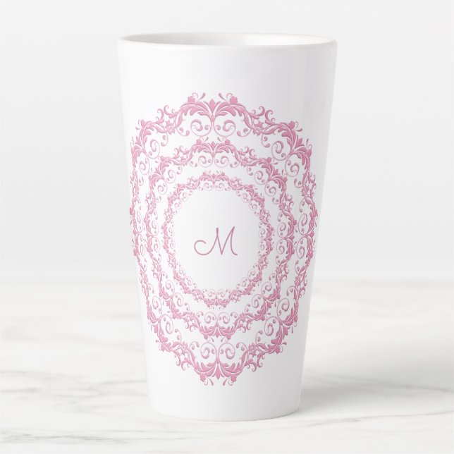 Caneca De Café Latte Mandala Floral Rosa Étnica, Monograma. (Frente)
