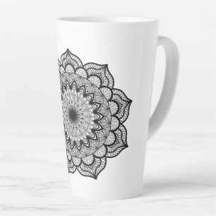 Caneca De Café Latte Mandala Preto em Fundo Branco