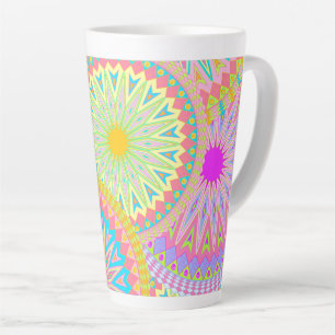 Caneca De Café Latte Mandala Sobreposta Rosa Azul Amarelo Verde-Menta R
