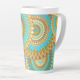 Caneca De Café Latte Mandala Sobreposto Azul Marrom Dourado