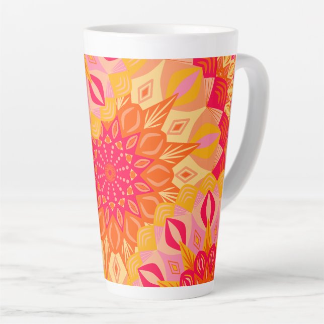 Caneca De Café Latte Mandala Sobreposto Laranja Rosa Amarelo (Ângulo direito)