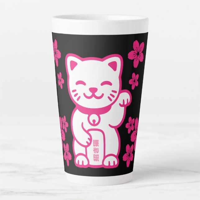 Caneca De Café Latte Maneki-neko japonês rosa (Frente)