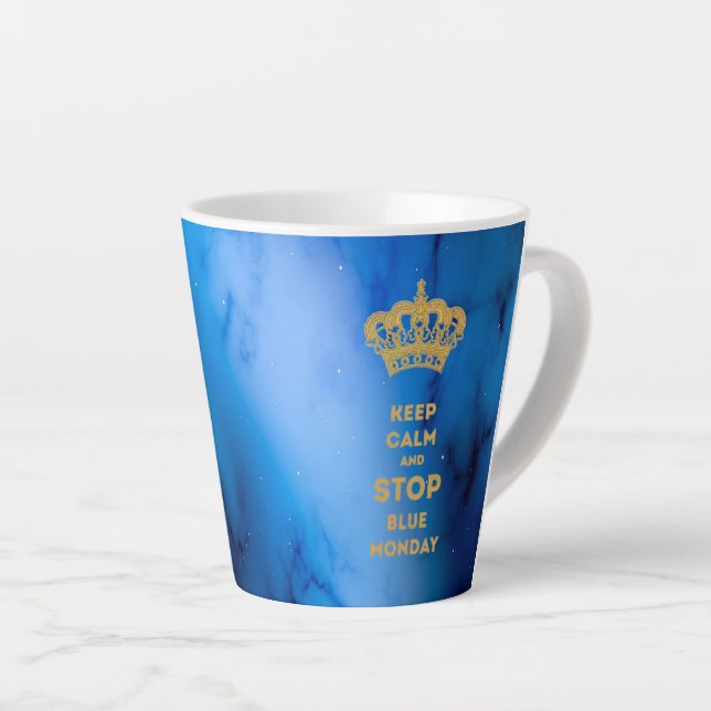 CANECA DE CAFÉ LATTE MANTENHA CALMA E PARE DE AZUL NA SEGUNDA-FEIRA (Ângulo direito)
