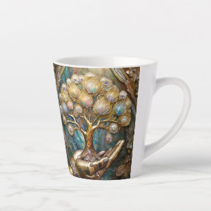 Caneca De Café Latte Mão de Robô Dourada Segurando a Árvore Dourada da
