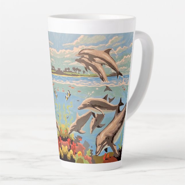 Caneca De Café Latte Mão Pintada Por Número | Golfinhos Reproduzíveis | (Ângulo direito)