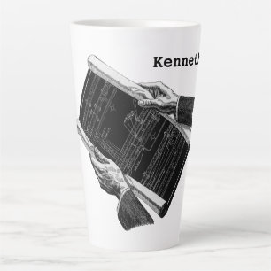 Caneca De Café Latte Mãos com plantas arquitetônicas azuis, negócios vi