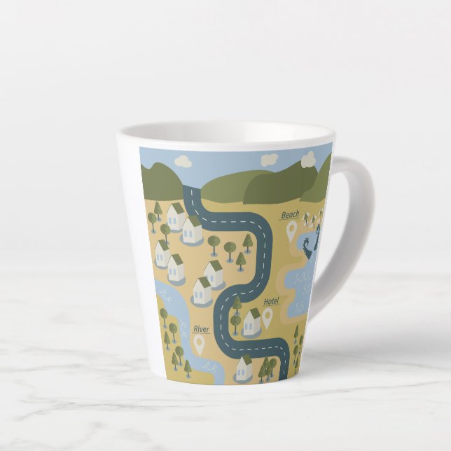 Caneca De Café Latte mapa de viagem de férias do cenário de cartoon na  (Ângulo direito)