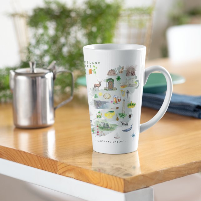Caneca De Café Latte Mapa Ilustrado de Aquarela da Irlanda | Monograma (Criador carregado)