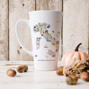 Caneca De Café Latte Mapa Ilustrado de Itália em Aquarela Monograma