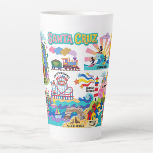 Caneca De Café Latte Mapa Ilustrado de Santa Cruz Praia da Boardwalk Su